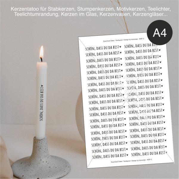Download Kerzentattoo / Kerzenfolie "SCHÖN, DASS DU DA BIST" (A4)