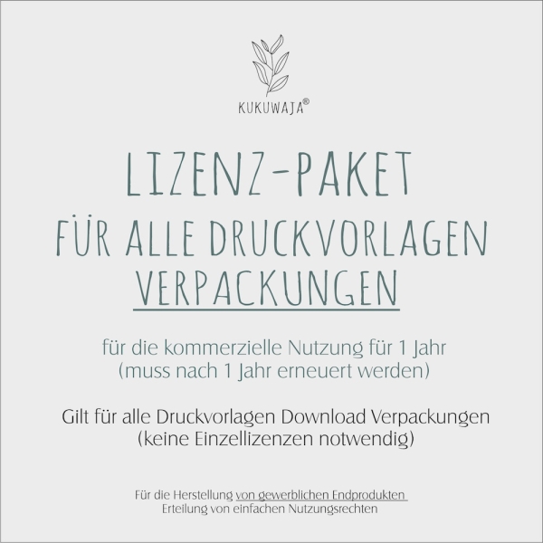 Gewerbelizenz für ALLE DRUCKVORLAGEN Download für VERPACKUNGEN für 1 Jahr